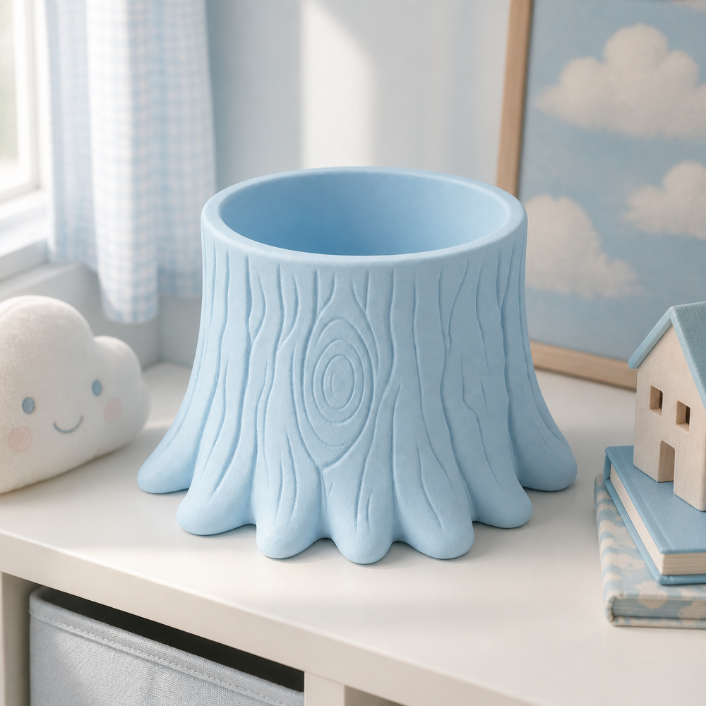 Woodland Stump Cachepot, Pastel Shelf Pot, Cottagecore Desk Decor Gift — Blue color variant