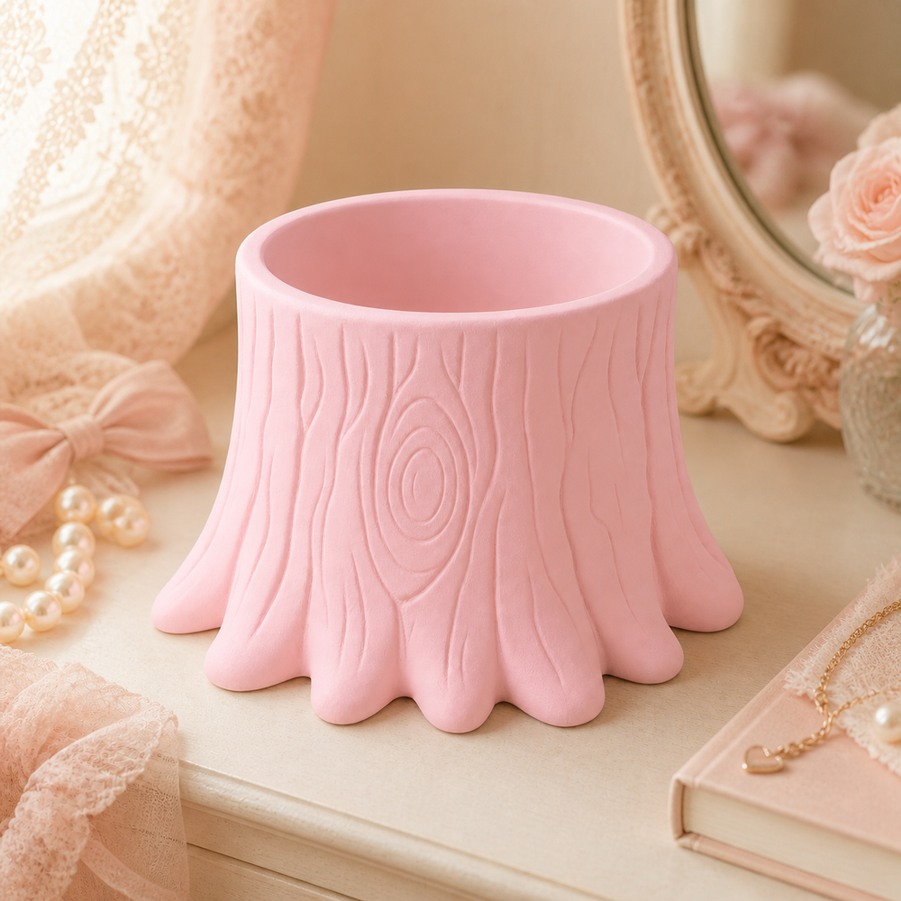 Woodland Stump Cachepot, Pastel Shelf Pot, Cottagecore Desk Decor Gift — Pink color variant