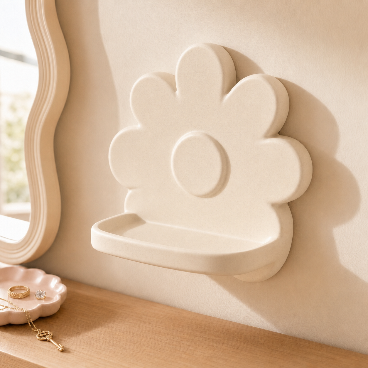 Daisy Mini Wall Ledge, Flower Wall Shelf, Cottagecore Nursery Vanity Decor Gift — Beige color variant