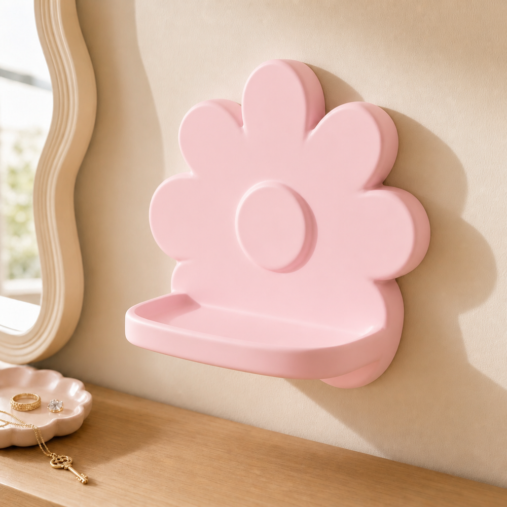 Daisy Mini Wall Ledge, Flower Wall Shelf, Cottagecore Nursery Vanity Decor Gift — Pink color variant