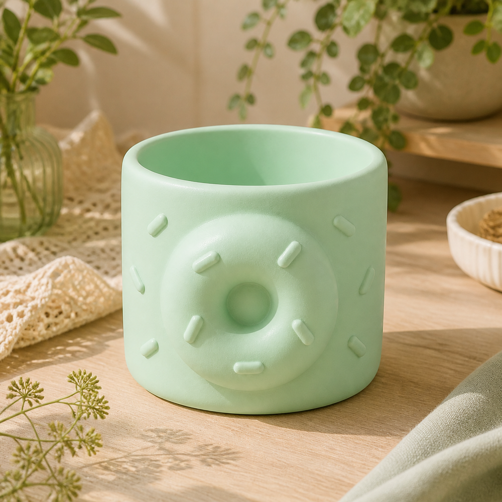 Donut Makeup Brush Cup, Pastel Pencil Holder, Bakerycore Desk Decor Gift — Green color variant