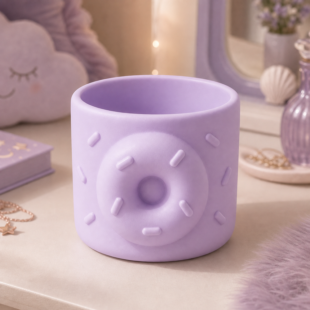 Donut Makeup Brush Cup, Pastel Pencil Holder, Bakerycore Desk Decor Gift — Purple color variant