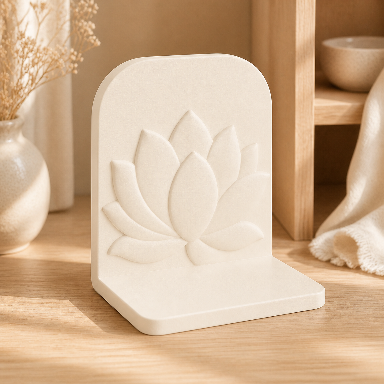 Lotus Flower Bookend, Pastel Botanical Book Stand, Cute Shelf Decor Gift — Beige color variant