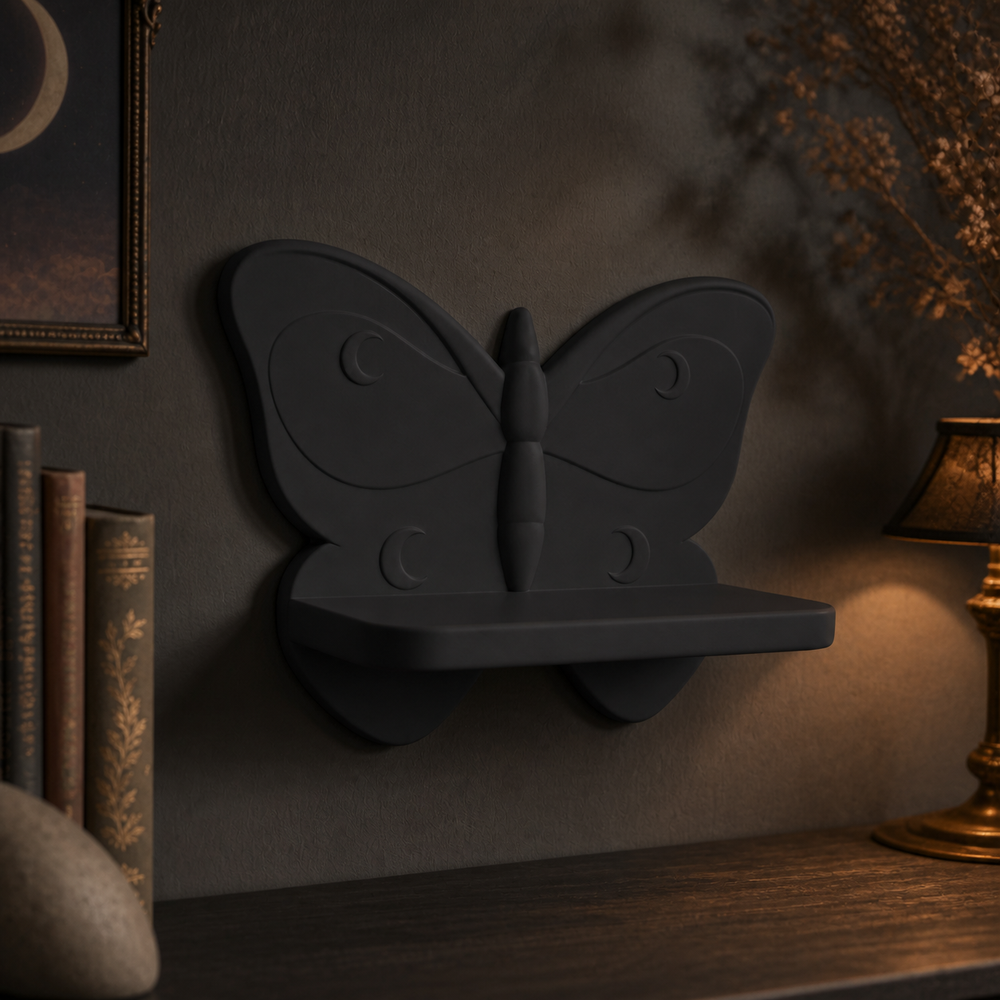 Luna Moth Mini Wall Ledge, Pastel Fairycore Shelf, Cute Room Decor Gift — Black color variant