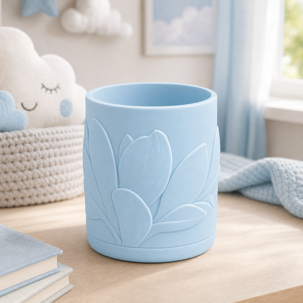 Magnolia Makeup Brush Cup, Pastel Pencil Holder, Cute Vanity Desk Organizer — Blue color variant