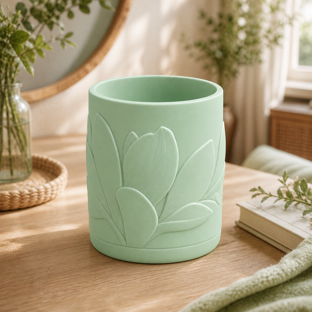 Magnolia Makeup Brush Cup, Pastel Pencil Holder, Cute Vanity Desk Organizer — Green color variant