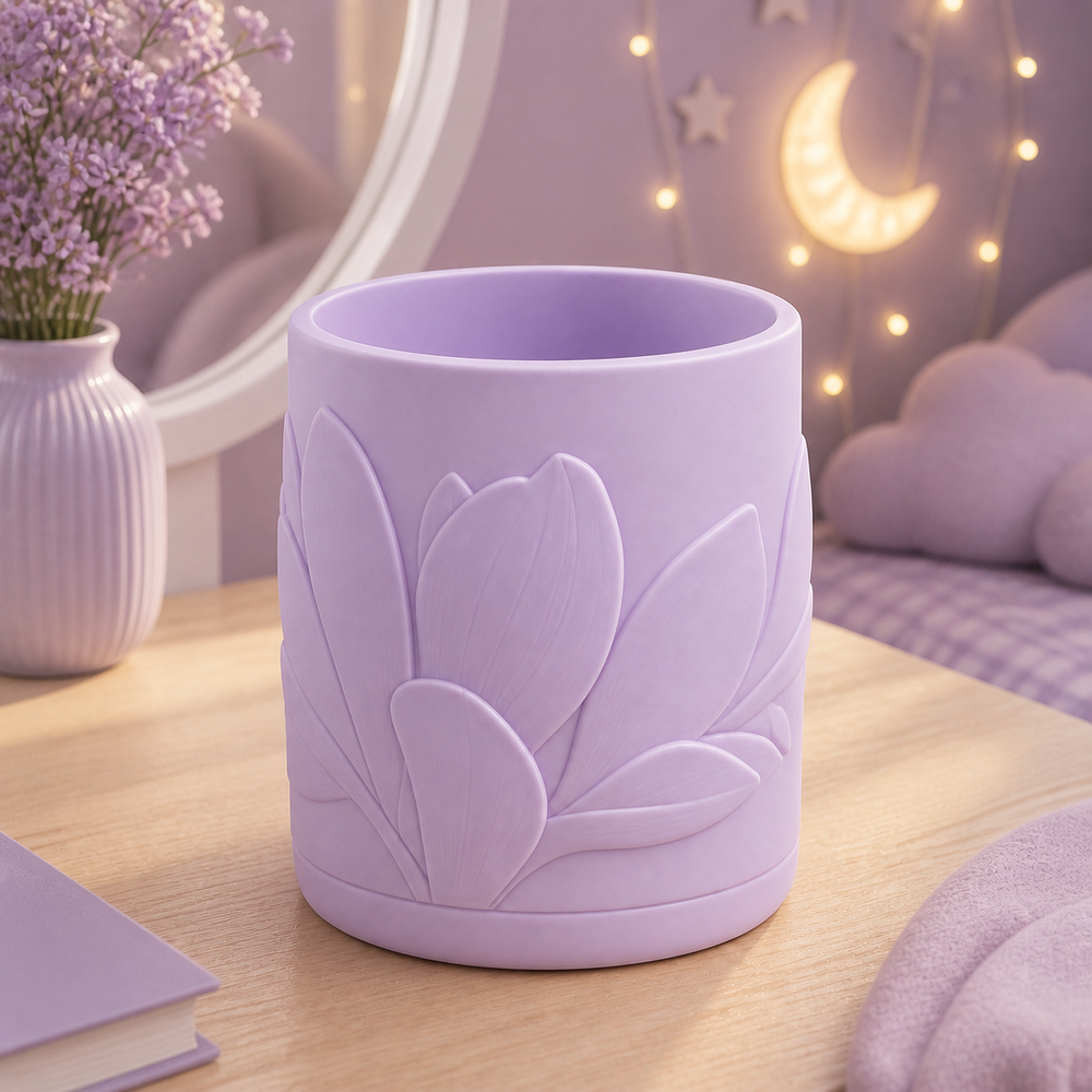 Magnolia Makeup Brush Cup, Pastel Pencil Holder, Cute Vanity Desk Organizer — Purple color variant