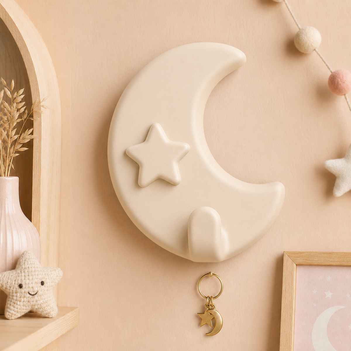Moon Star Key Hook, Celestial Wall Hook, Pastel Nursery Entryway Decor Gift — Beige color variant