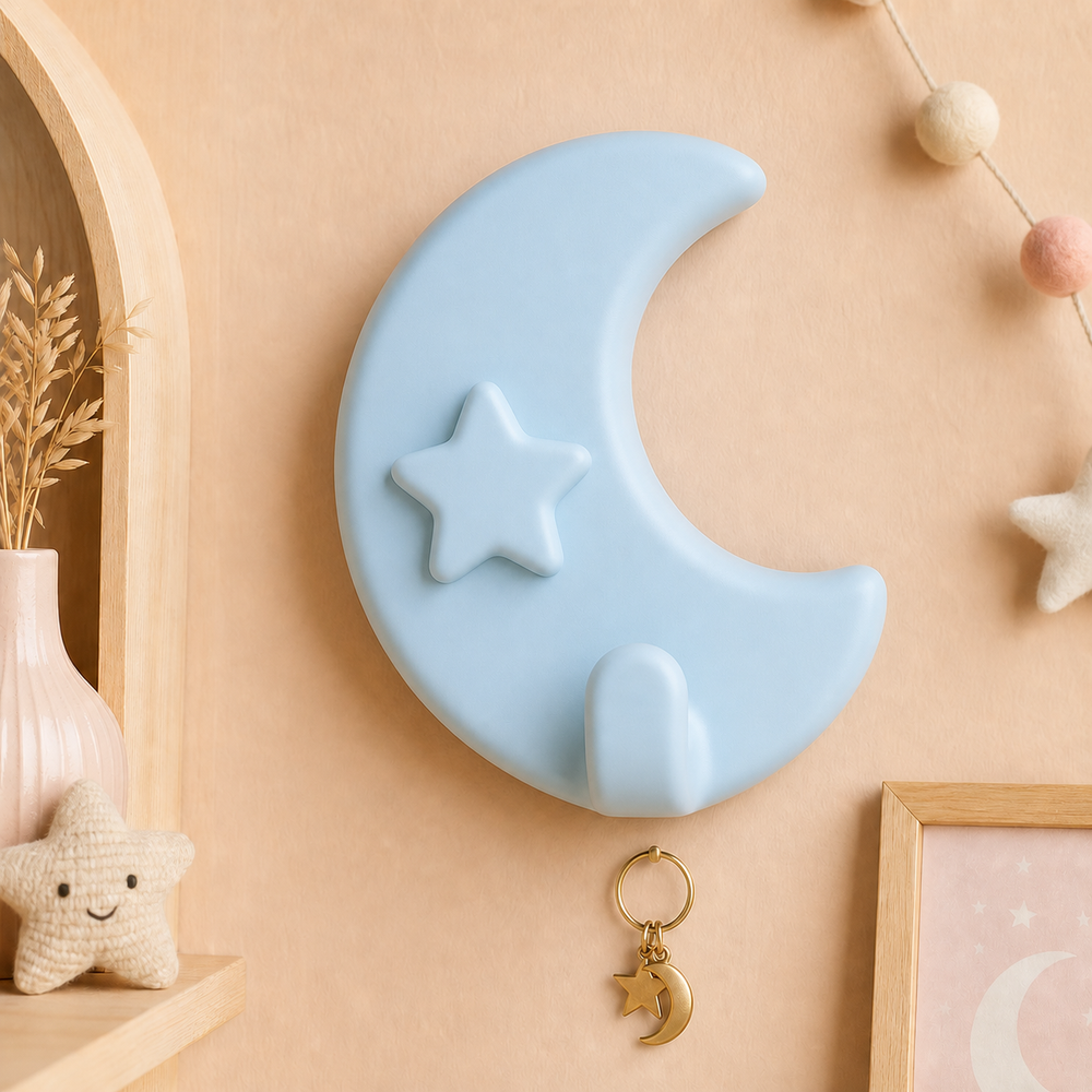 Moon Star Key Hook, Celestial Wall Hook, Pastel Nursery Entryway Decor Gift — Blue color variant