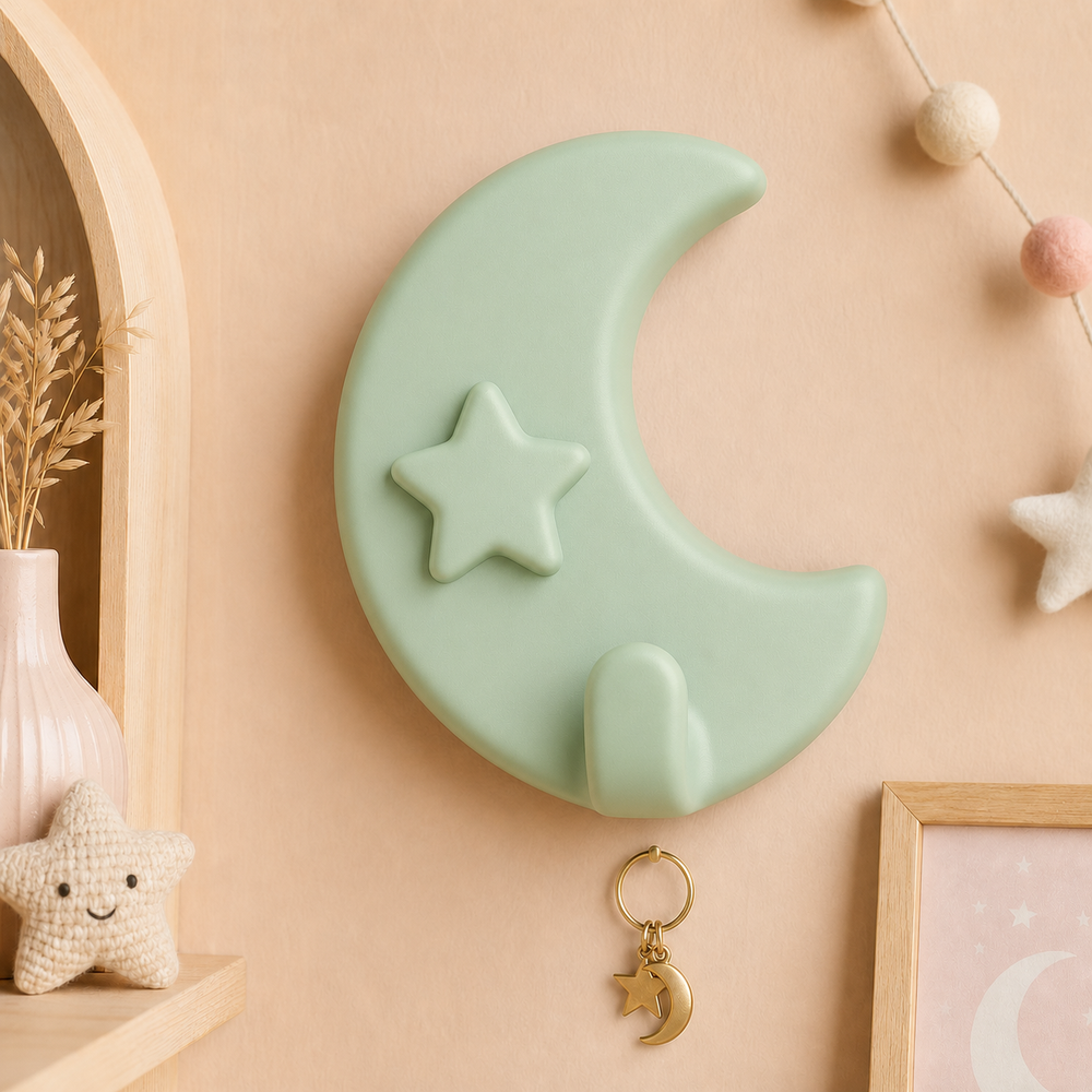 Moon Star Key Hook, Celestial Wall Hook, Pastel Nursery Entryway Decor Gift — Green color variant