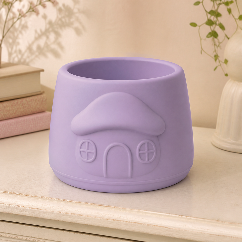 Mushroom House Cachepot, Pastel Shelf Pot, Cottagecore Fairycore Desk Decor — Purple color variant
