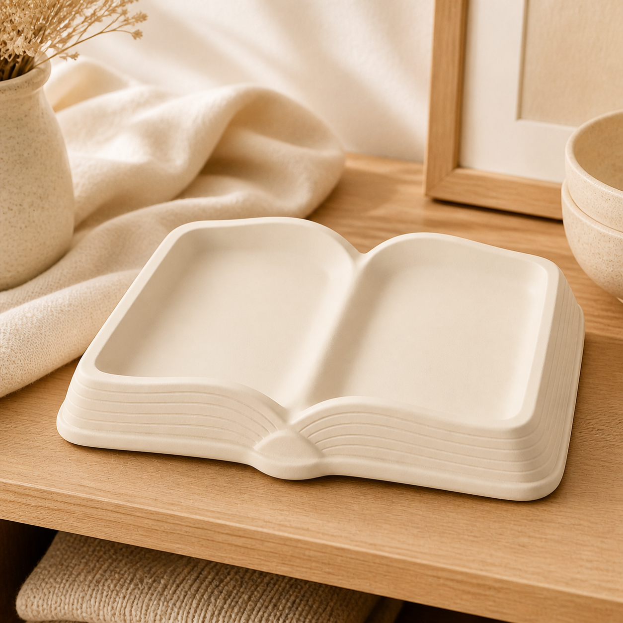 Open Book Catchall Dish, Pastel Book Lover Jewelry Tray, Cute Reader Desk Decor — Beige color variant