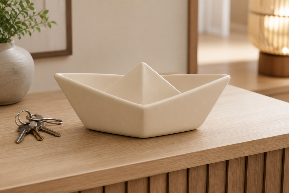 Beige origami boat key bowl, pastel catchall dish and entryway desk decor