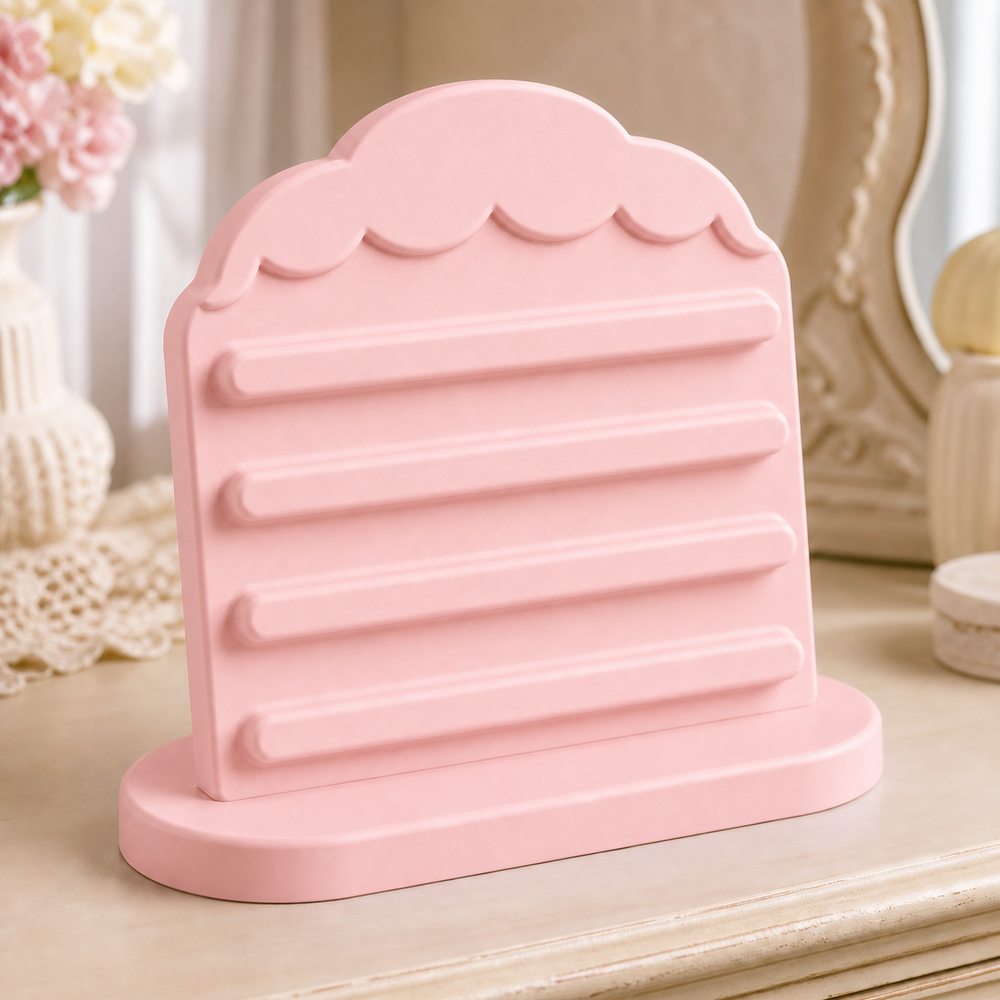 Acorn Cap Earring Stand, Cottagecore Hair Clip Display, Pastel Vanity Decor — Pink color variant