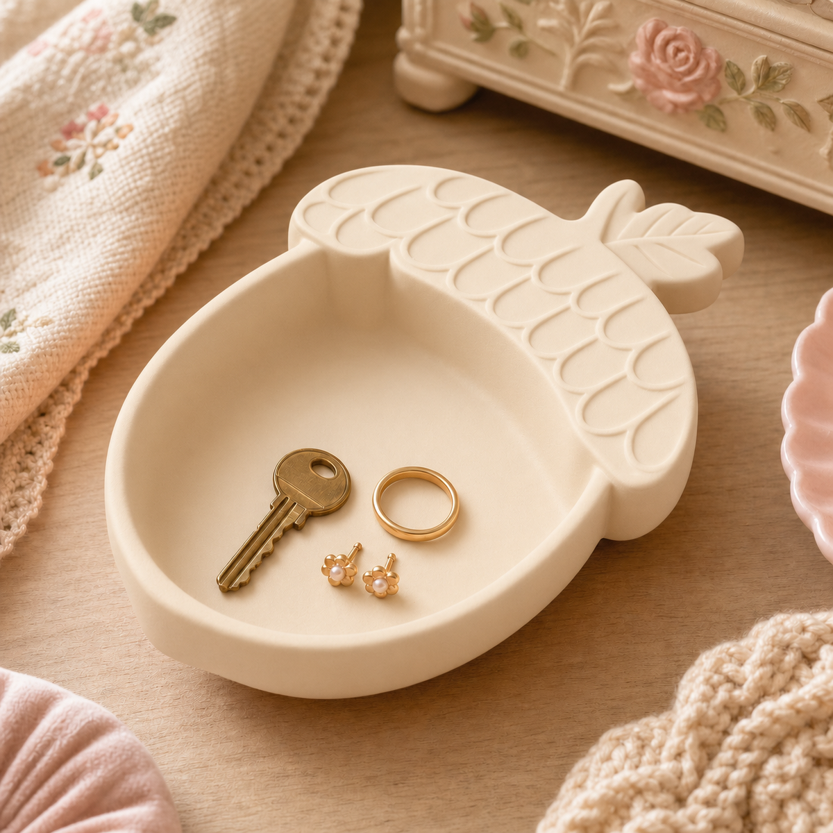 Acorn Key Bowl, Pastel Cottagecore Catchall Dish — Beige color variant