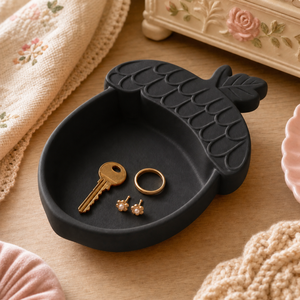 Acorn Key Bowl, Pastel Cottagecore Catchall Dish — Black color variant