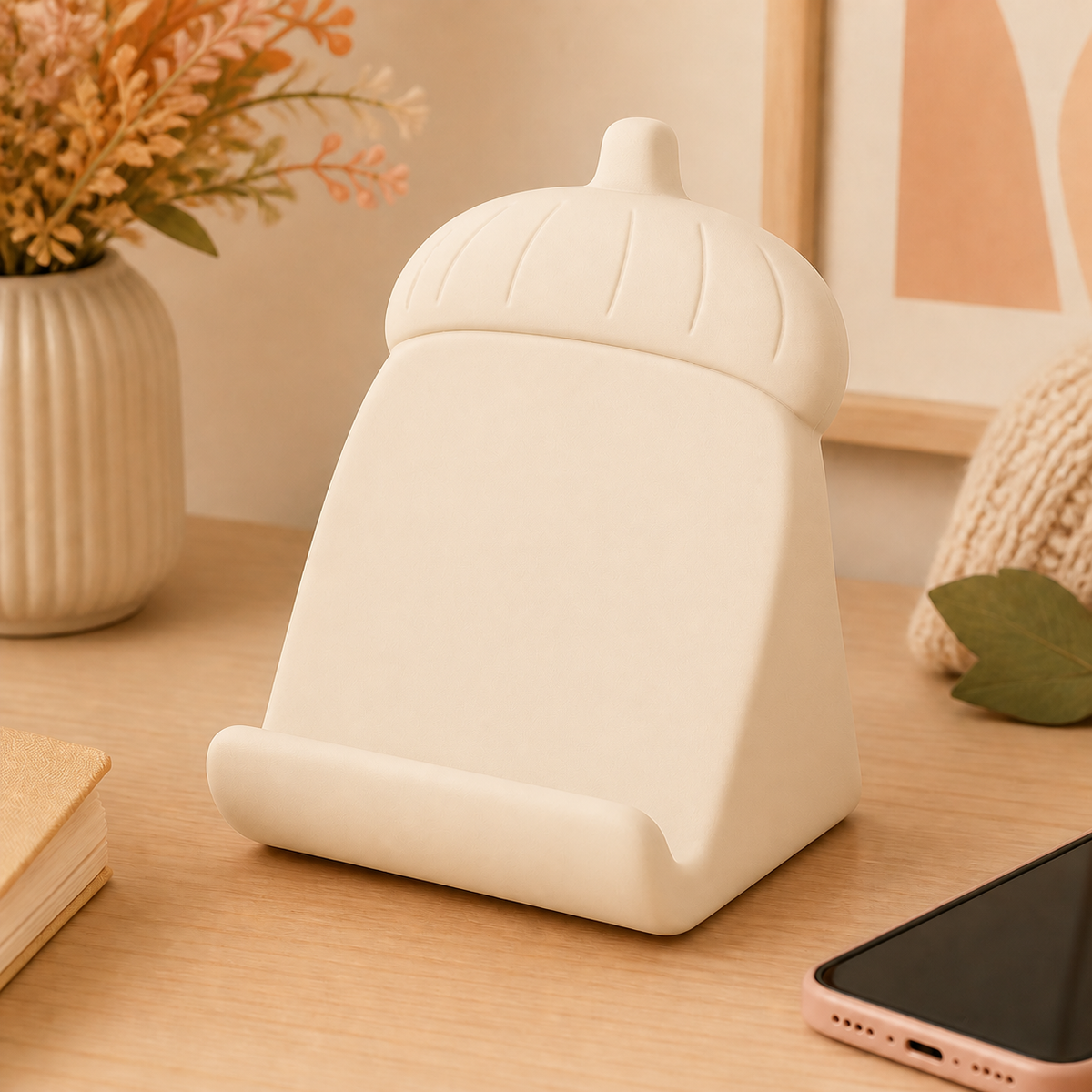 Acorn Phone Stand, Pastel Desk Phone Holder, Cottagecore Desk Decor Gift — Beige color variant