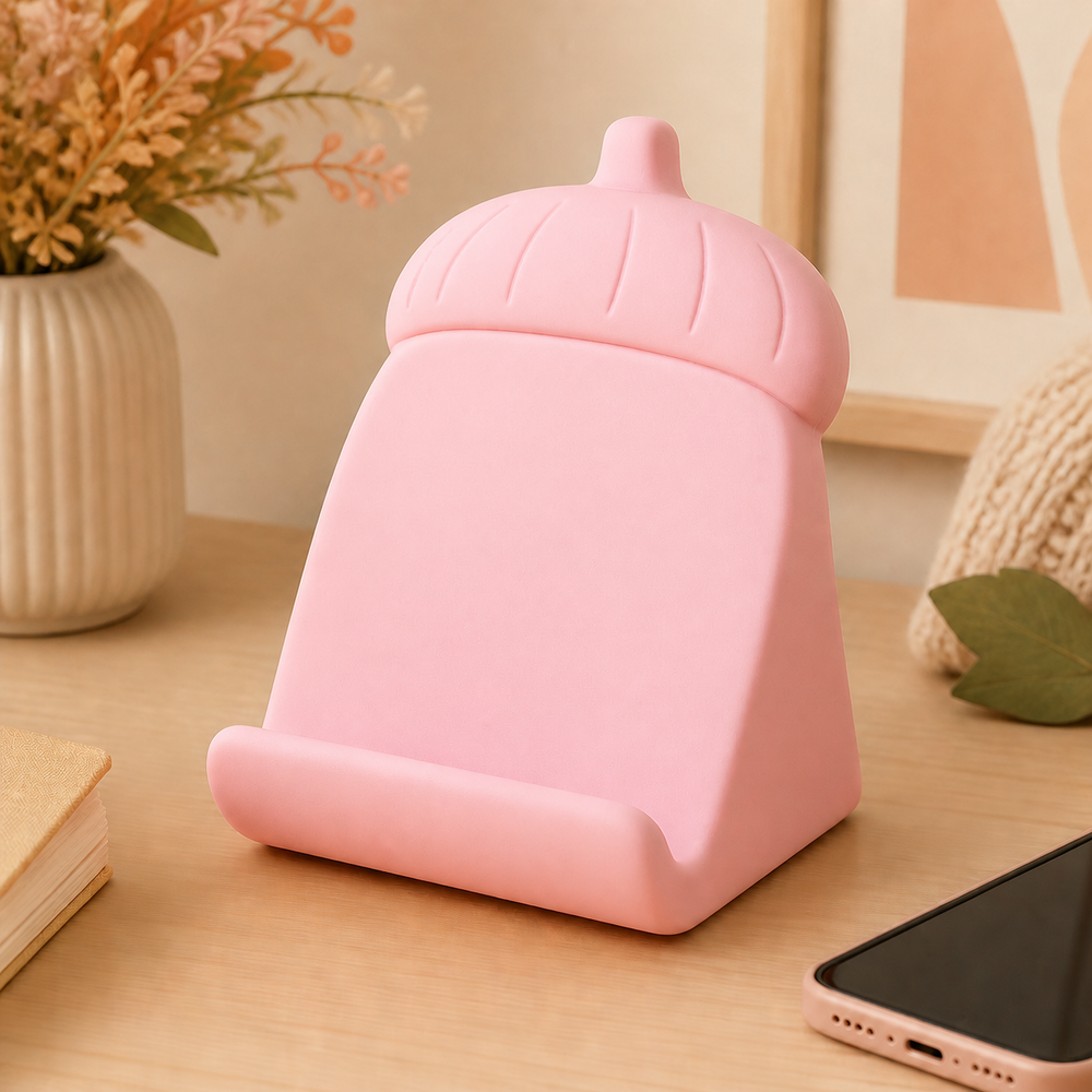 Acorn Phone Stand, Pastel Desk Phone Holder, Cottagecore Desk Decor Gift — Pink color variant