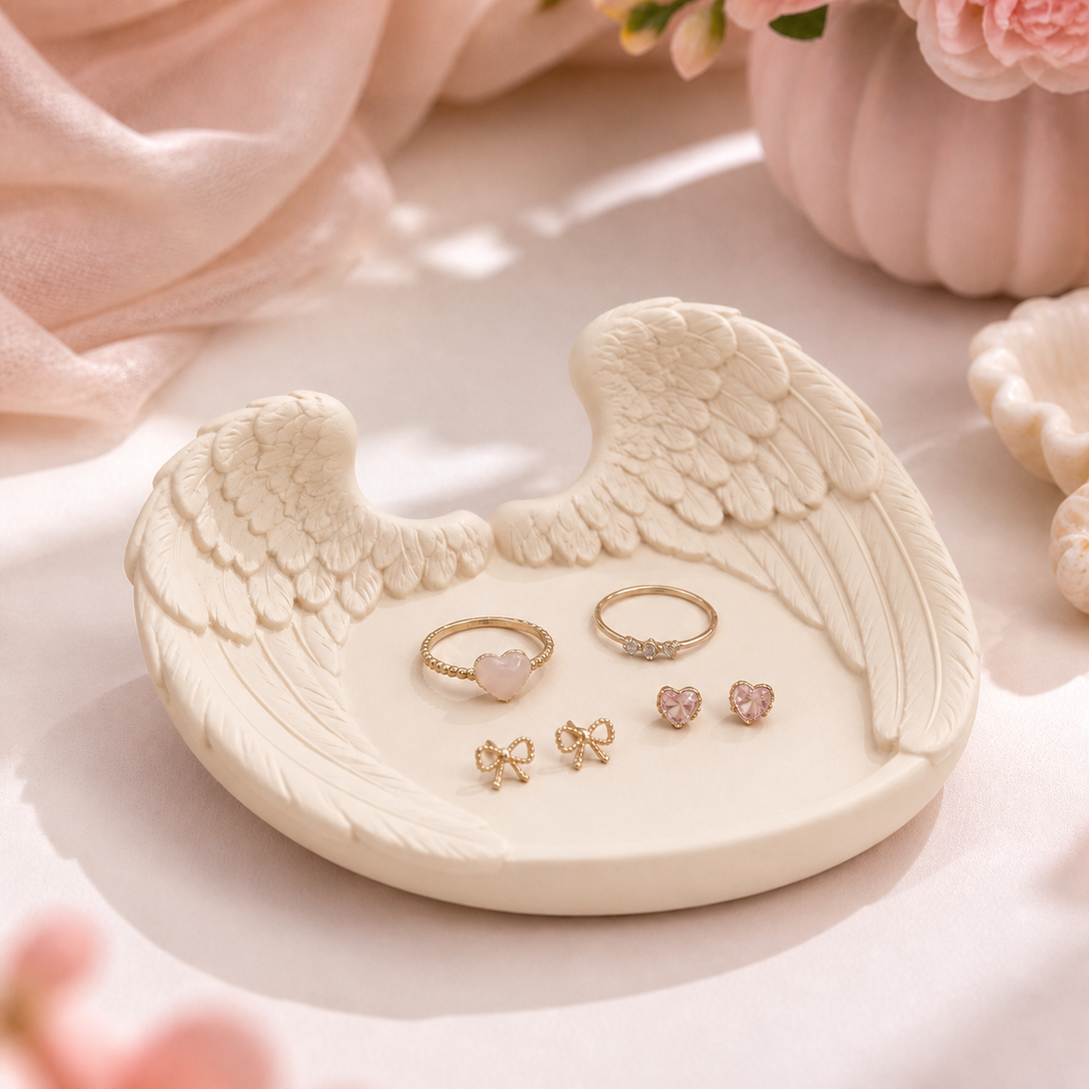 Angel Wing Ring Dish, Pastel Jewelry Tray — Beige color variant