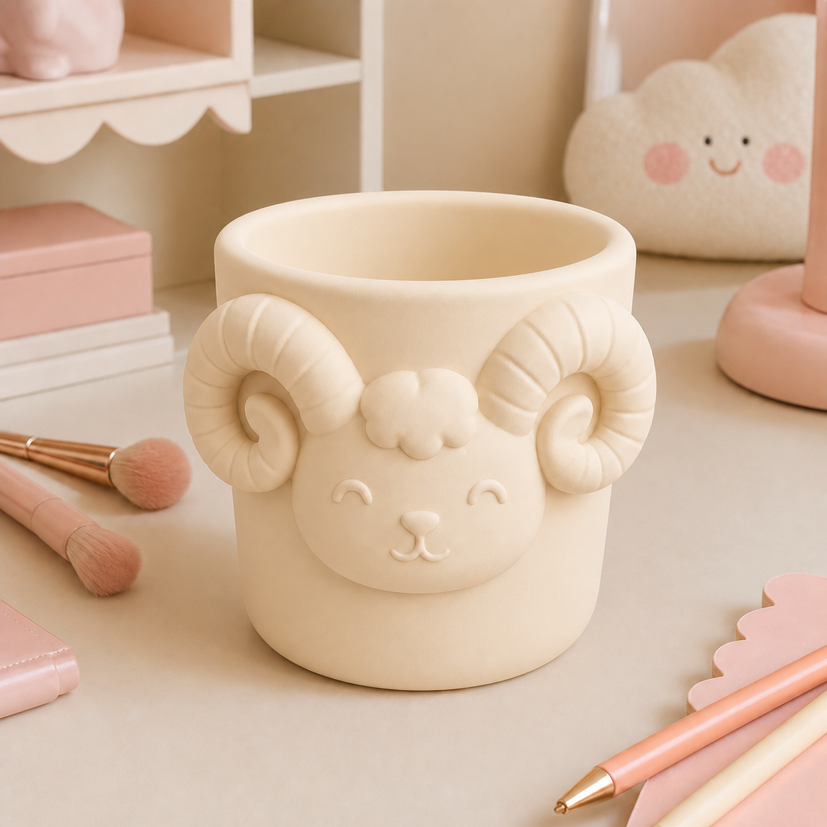 Aries Ram Pencil Cup, Pastel Makeup Brush Holder — Beige color variant