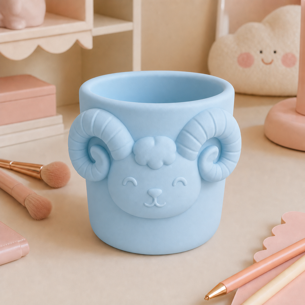 Aries Ram Pencil Cup, Pastel Makeup Brush Holder — Blue color variant
