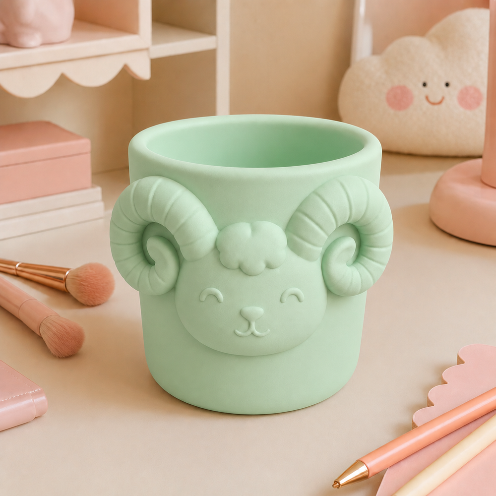 Aries Ram Pencil Cup, Pastel Makeup Brush Holder — Green color variant