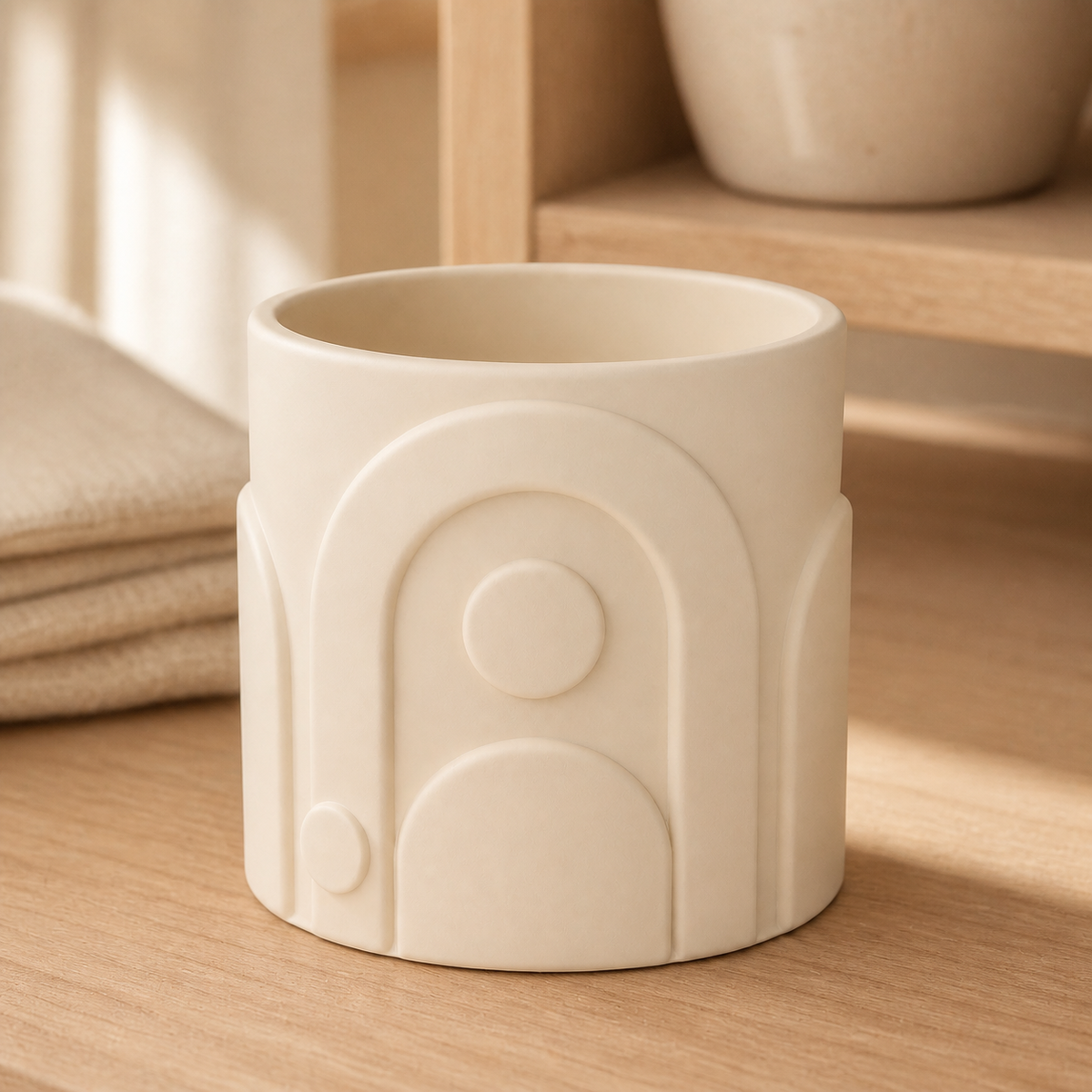 Bauhaus Makeup Brush Cup, Pastel Pencil Holder, Retro Desk Decor Gift — Beige color variant