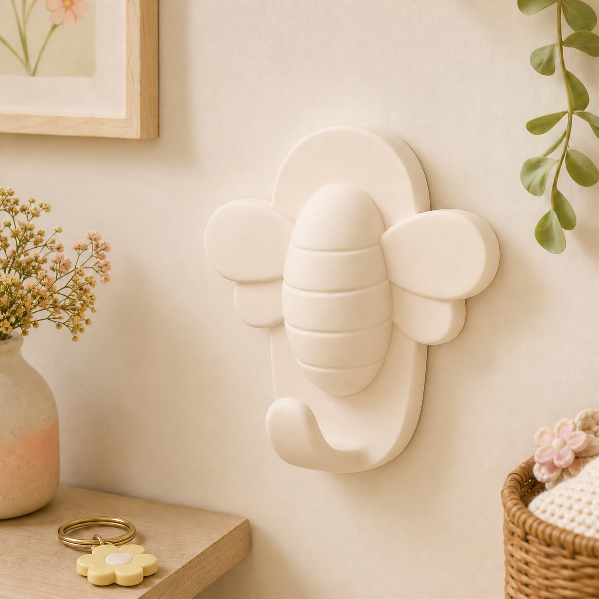 Bee Key Hook, Honeybee Wall Hook, Cottagecore Entryway Decor, Pastel Room Gift — Beige color variant
