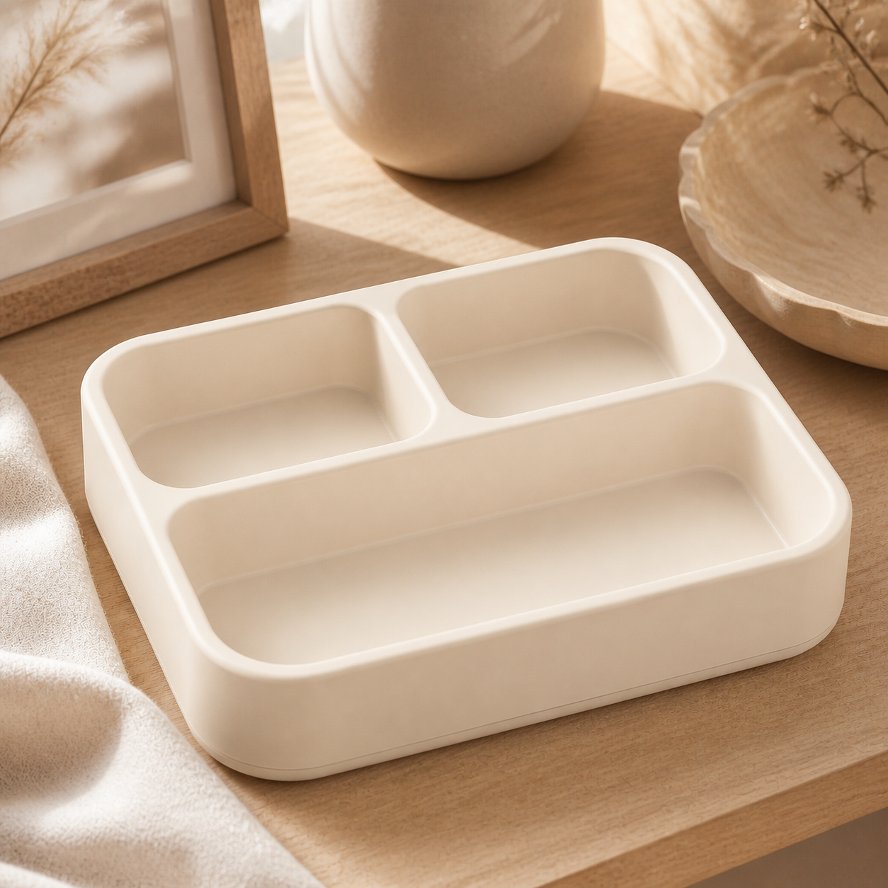 Bento Divided Catchall Tray, Pastel Desk Organizer, Kawaii Vanity Decor Gift — Beige color variant