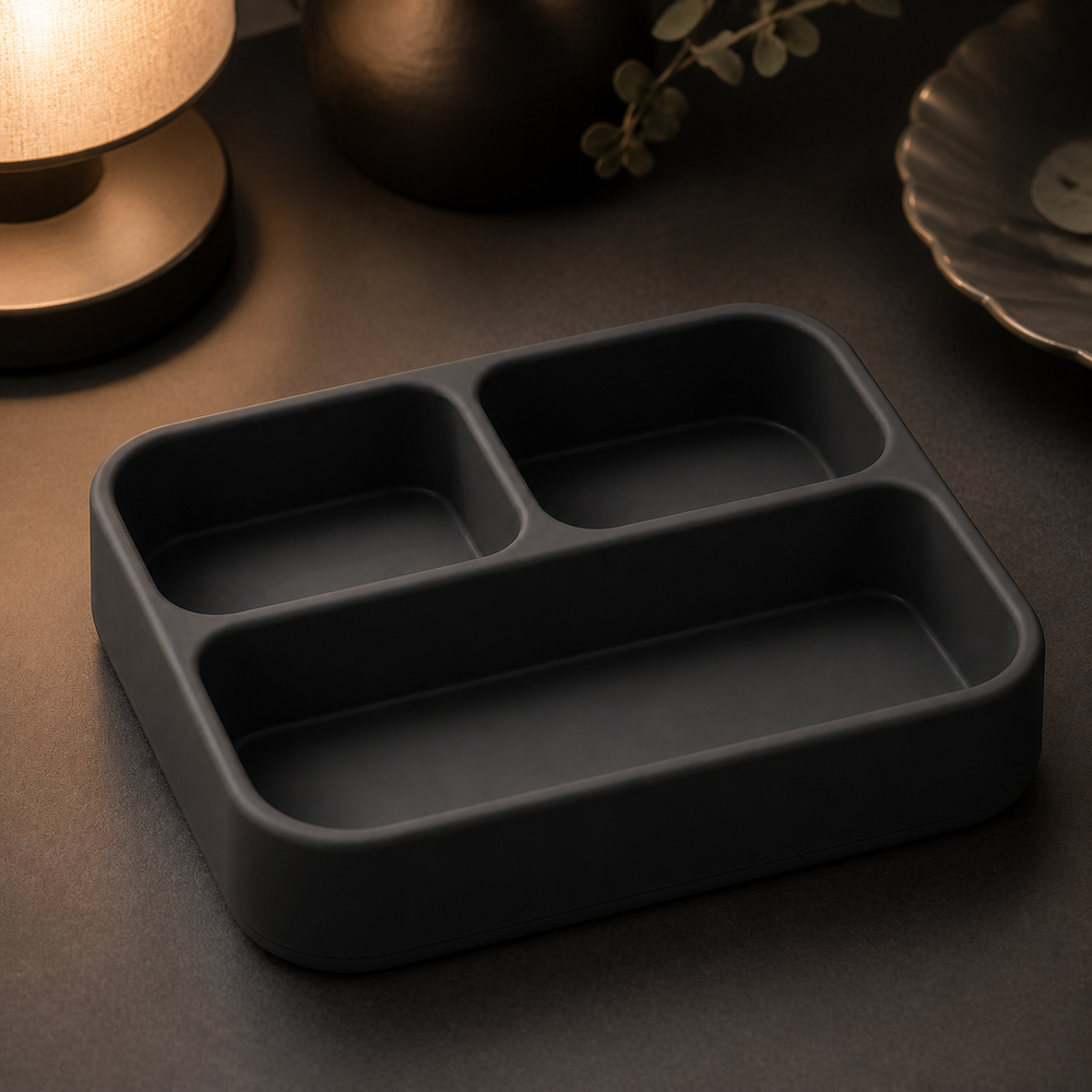 Bento Divided Catchall Tray, Pastel Desk Organizer, Kawaii Vanity Decor Gift — Black color variant