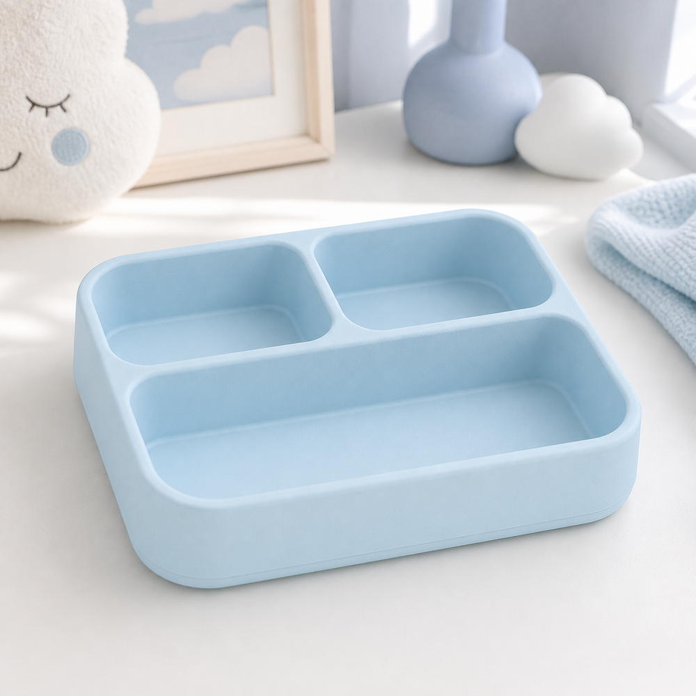 Bento Divided Catchall Tray, Pastel Desk Organizer, Kawaii Vanity Decor Gift — Blue color variant