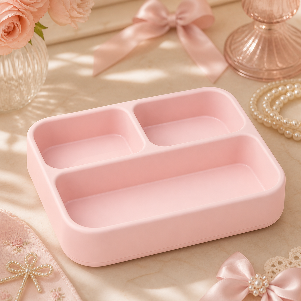 Bento Divided Catchall Tray, Pastel Desk Organizer, Kawaii Vanity Decor Gift — Pink color variant