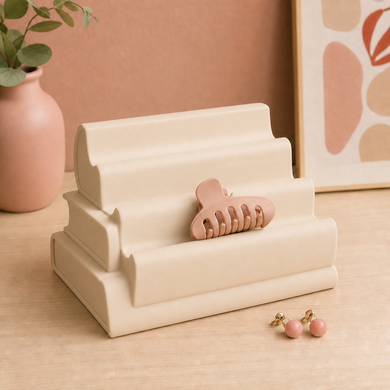 Book Stack Earring Display, Hair Clip Holder, Pastel Desk Jewelry Decor — Beige color variant