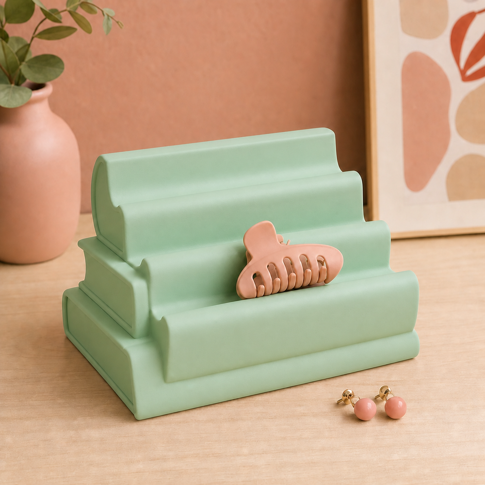 Book Stack Earring Display, Hair Clip Holder, Pastel Desk Jewelry Decor — Green color variant
