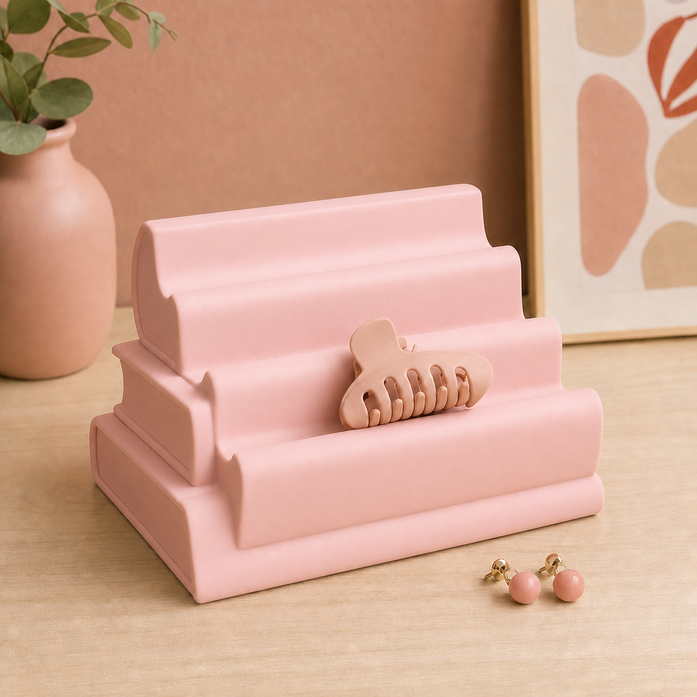 Book Stack Earring Display, Hair Clip Holder, Pastel Desk Jewelry Decor — Pink color variant