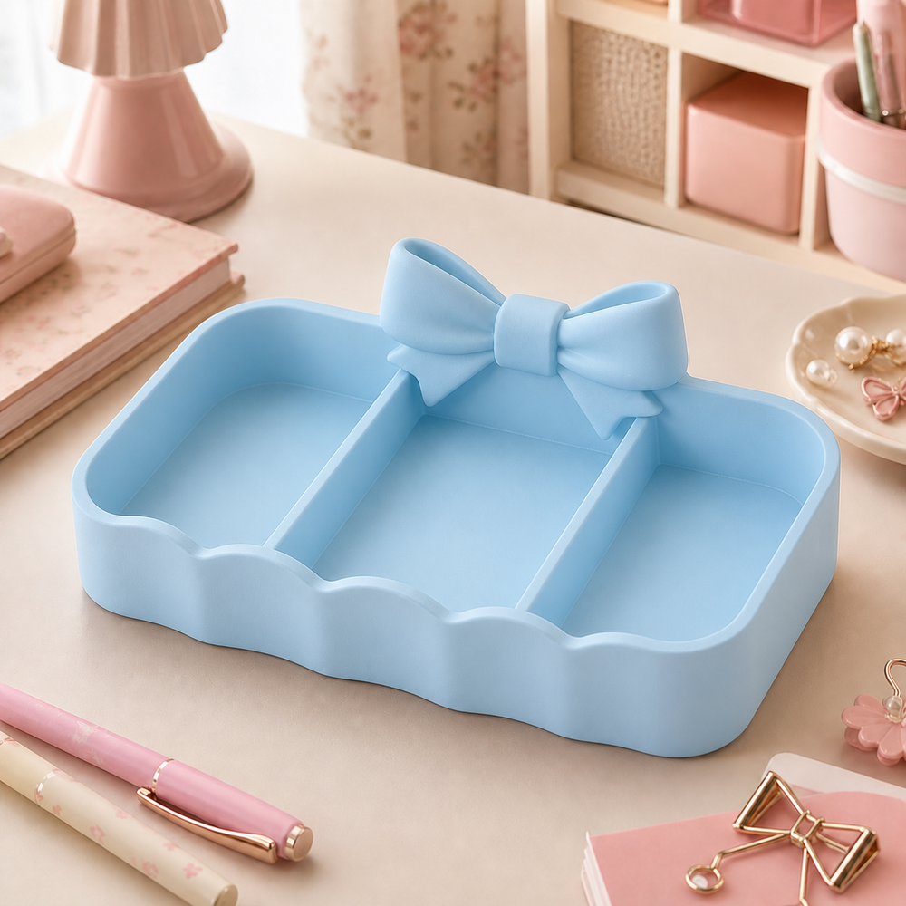 Bow Scallop Desk Organizer, Coquette Vanity Catchall, Pastel Room Decor — Blue color variant