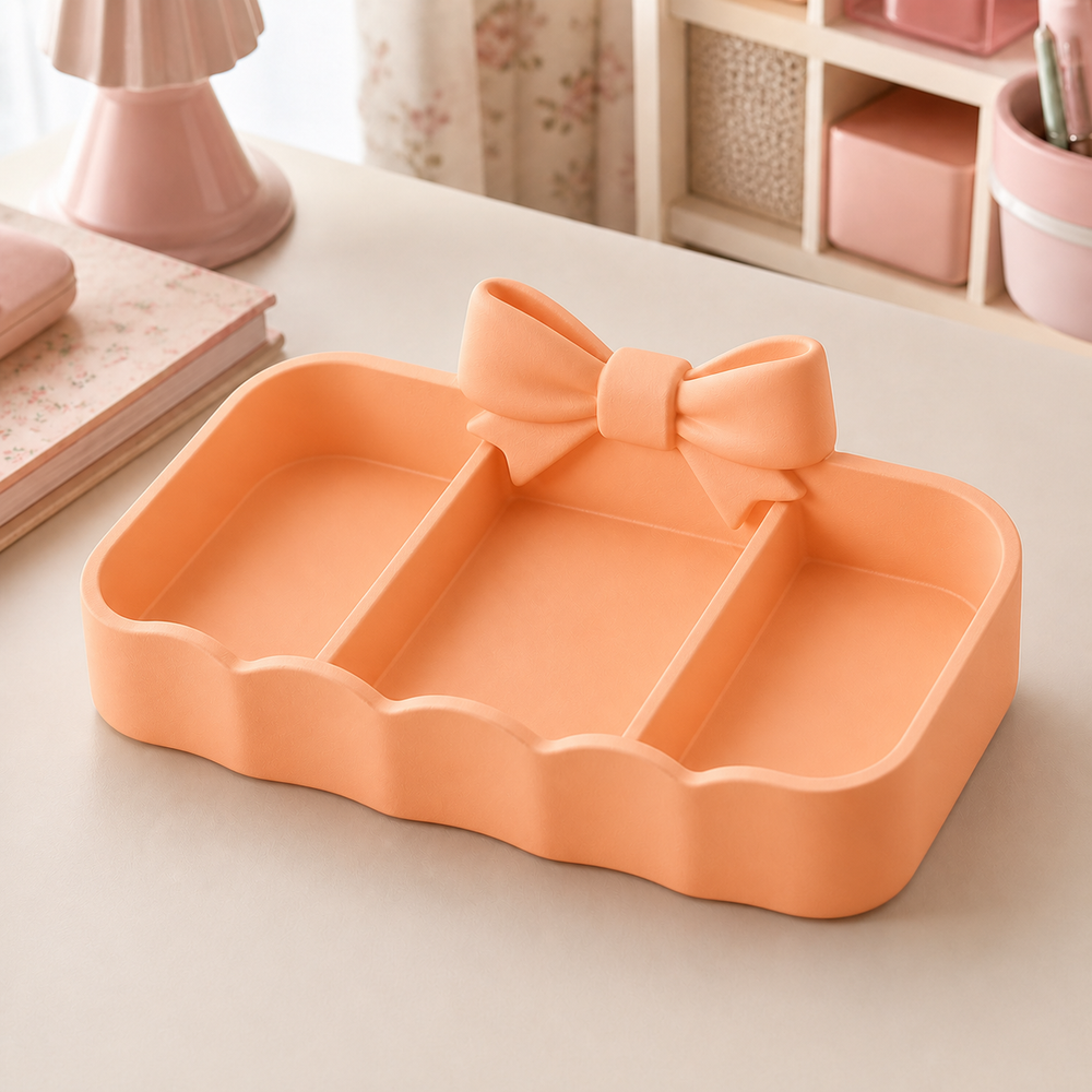 Bow Scallop Desk Organizer, Coquette Vanity Catchall, Pastel Room Decor — Orange color variant