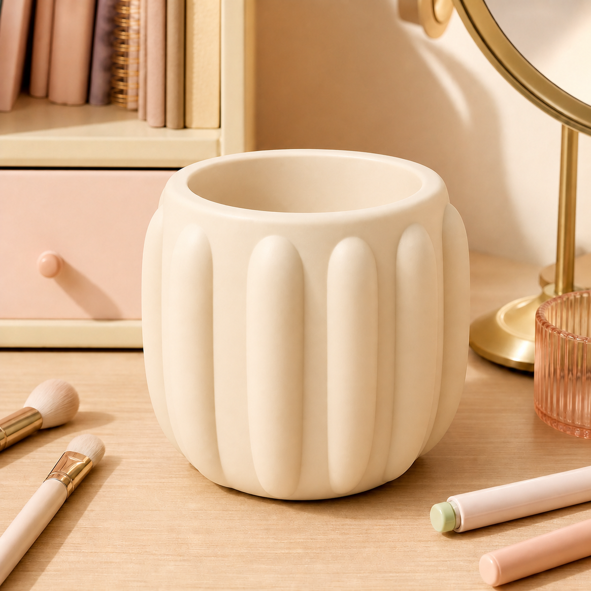 Cactus Pencil Cup, Pastel Desk Organizer, Cute Pen Holder and Vanity Decor — Beige color variant