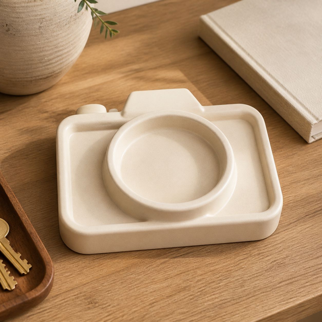 Camera Shape Key Bowl, Retro Entryway Catchall, Photographer Desk Decor — Beige color variant