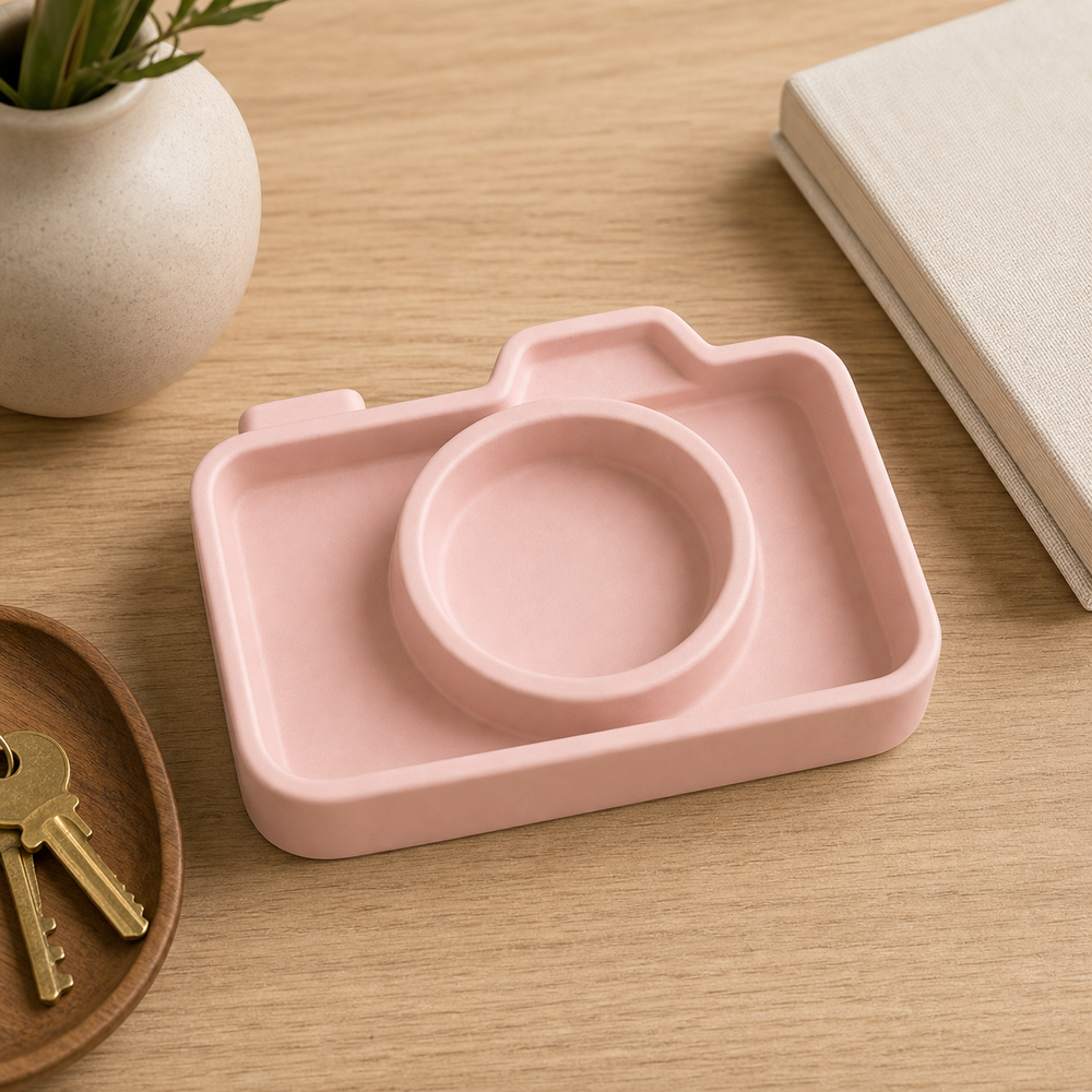 Camera Shape Key Bowl, Retro Entryway Catchall, Photographer Desk Decor — Pink color variant
