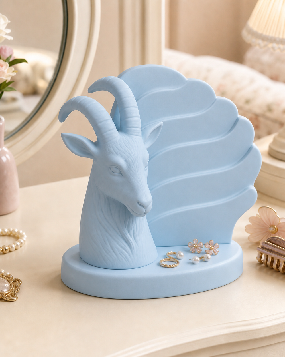 Capricorn Goat Earring Stand, Zodiac Hair Clip Holder, Pastel Vanity Decor — Blue color variant