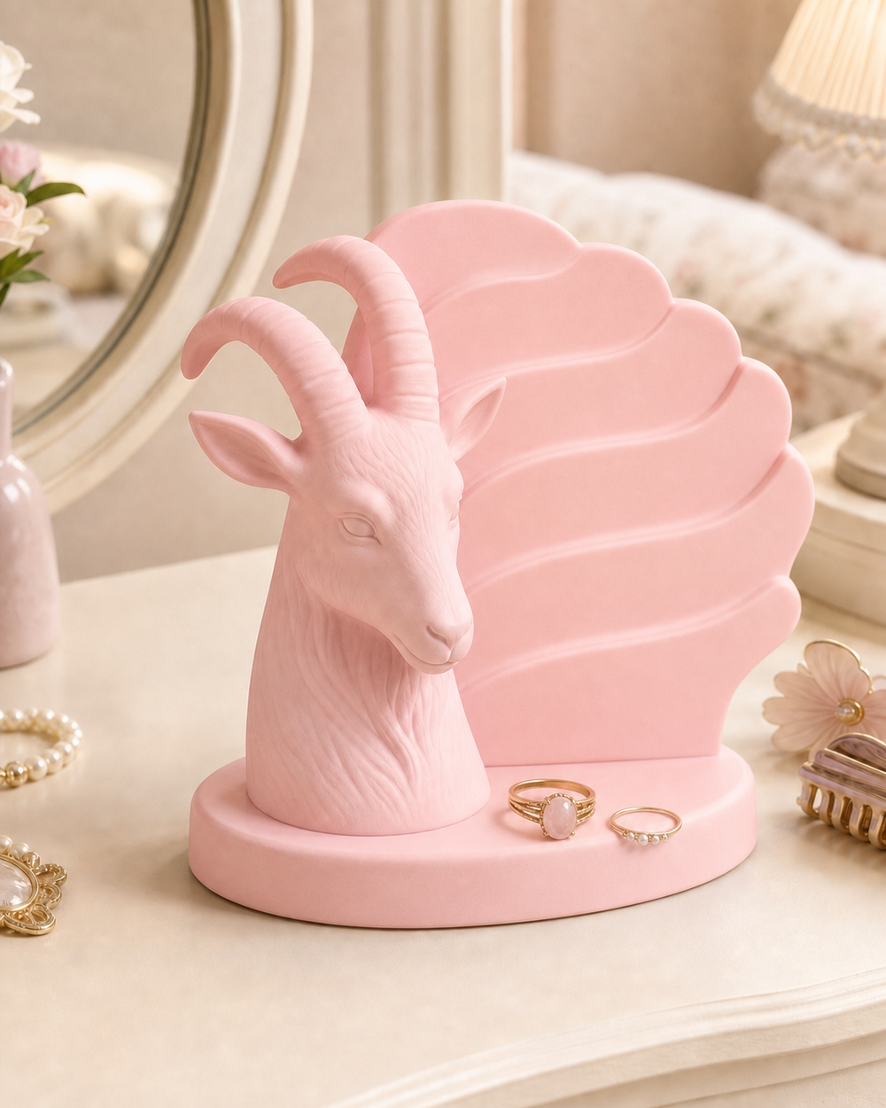 Capricorn Goat Earring Stand, Zodiac Hair Clip Holder, Pastel Vanity Decor — Pink color variant