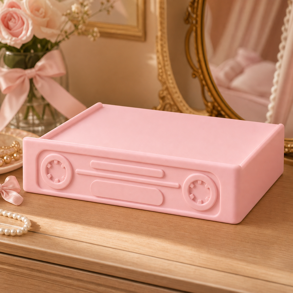 Cassette Display Riser, Retro Pastel Desk Stand, Music Room Shelf Accent — Pink color variant