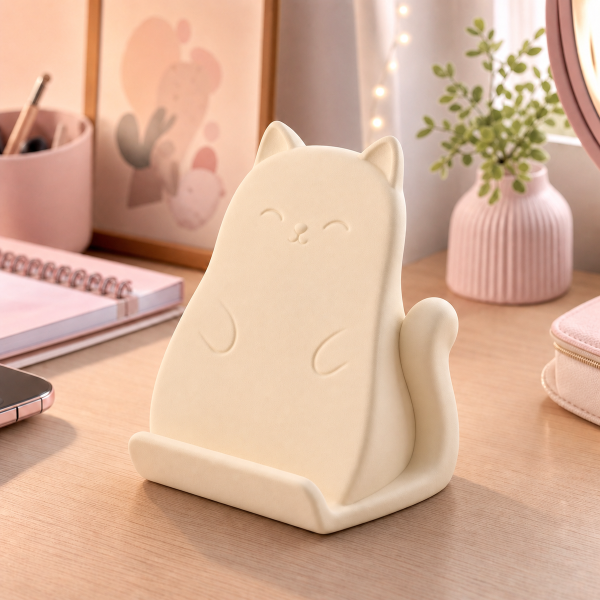 Cat Phone Stand, Kitty Phone Holder, Cute Pastel Desk Decor, Cat Lover Gift — Beige color variant