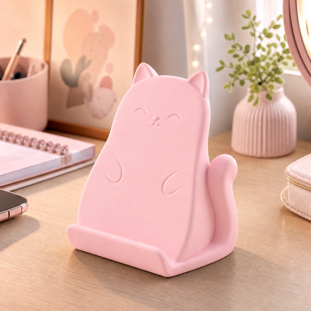 Cat Phone Stand, Kitty Phone Holder, Cute Pastel Desk Decor, Cat Lover Gift — Pink color variant