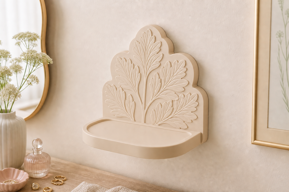 Cicely Trinket Ledge, Pastel Botanical Wall Shelf, Cute Room Decor Gift — Beige color variant