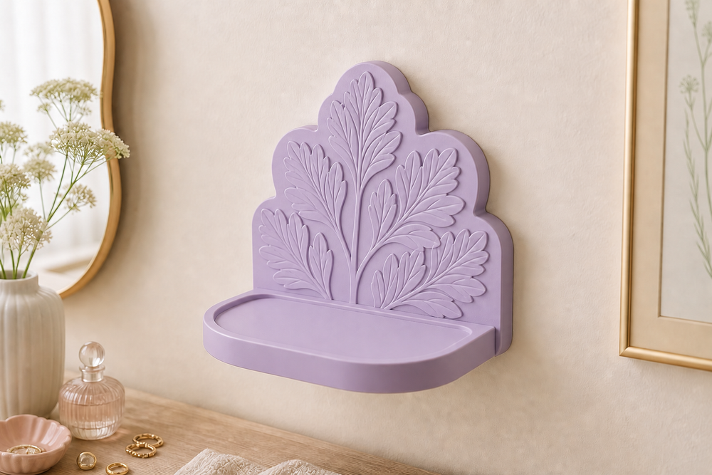 Cicely Trinket Ledge, Pastel Botanical Wall Shelf, Cute Room Decor Gift — Purple color variant