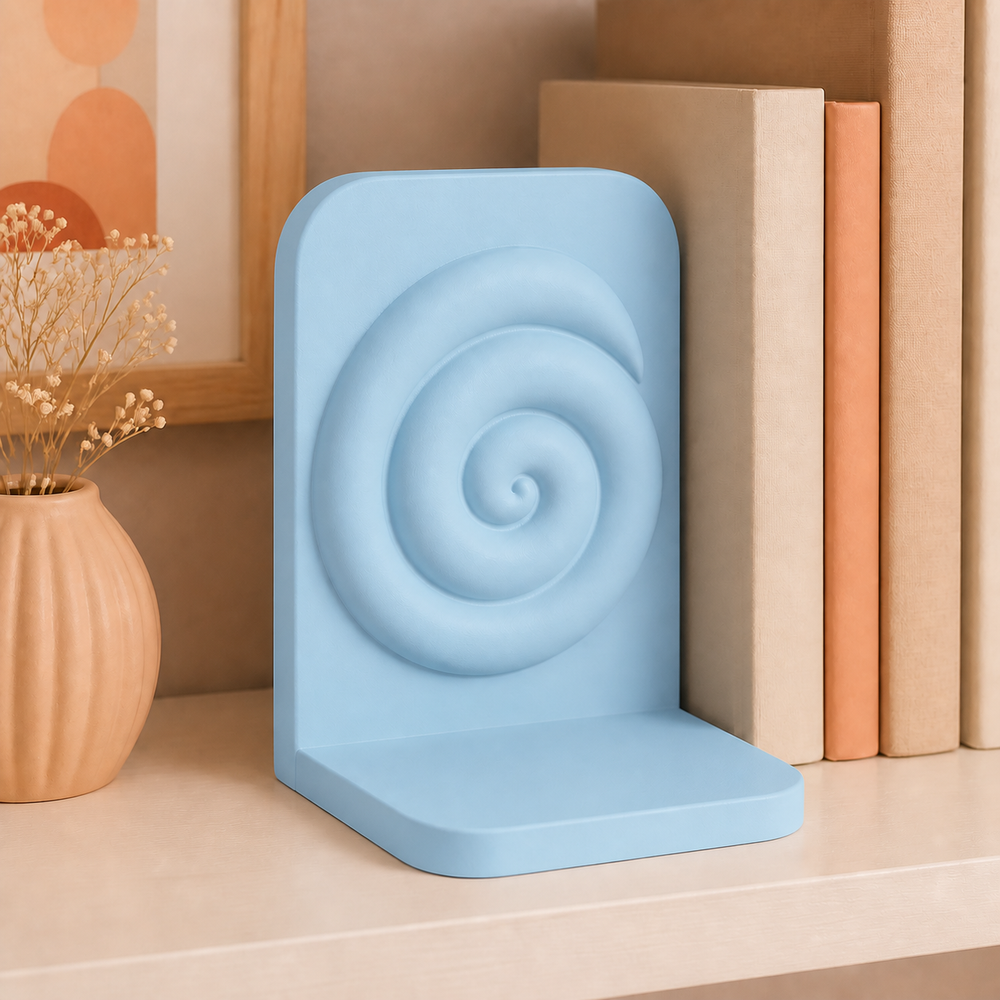 Cinnamon Roll Bookend, Cute Bakery Shelf Decor, Pastel Bookshelf Gift — Blue color variant