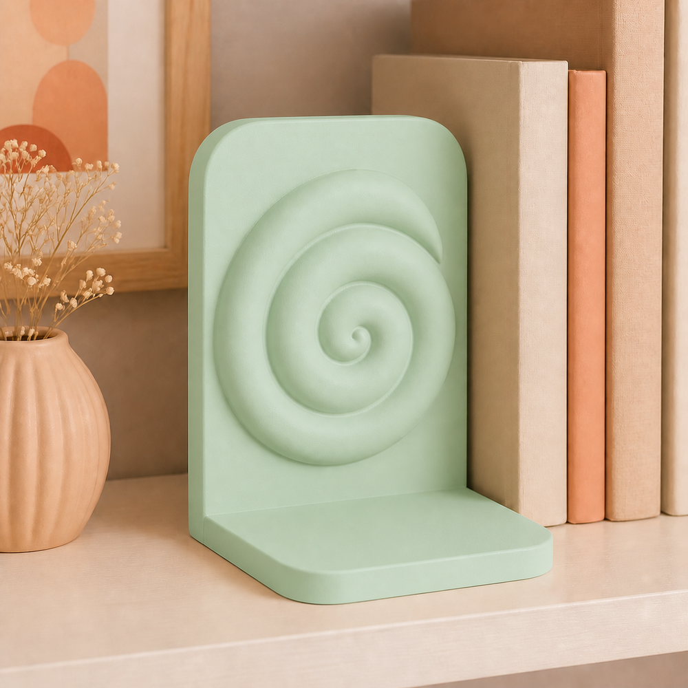 Cinnamon Roll Bookend, Cute Bakery Shelf Decor, Pastel Bookshelf Gift — Green color variant
