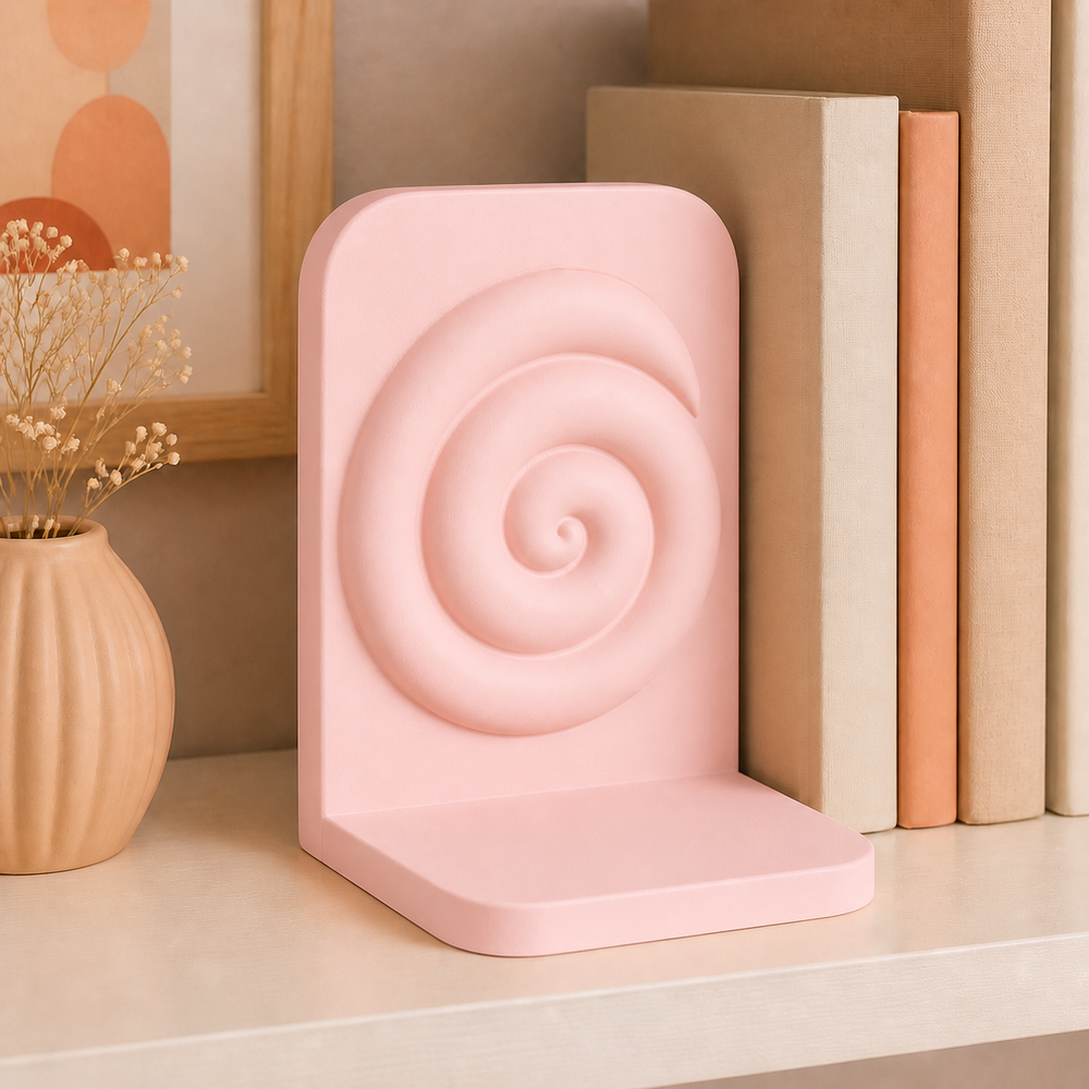 Cinnamon Roll Bookend, Cute Bakery Shelf Decor, Pastel Bookshelf Gift — Pink color variant